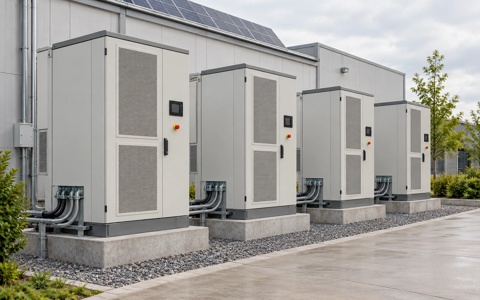 Illustration of commercial battery storage cabinets beside an industrial building