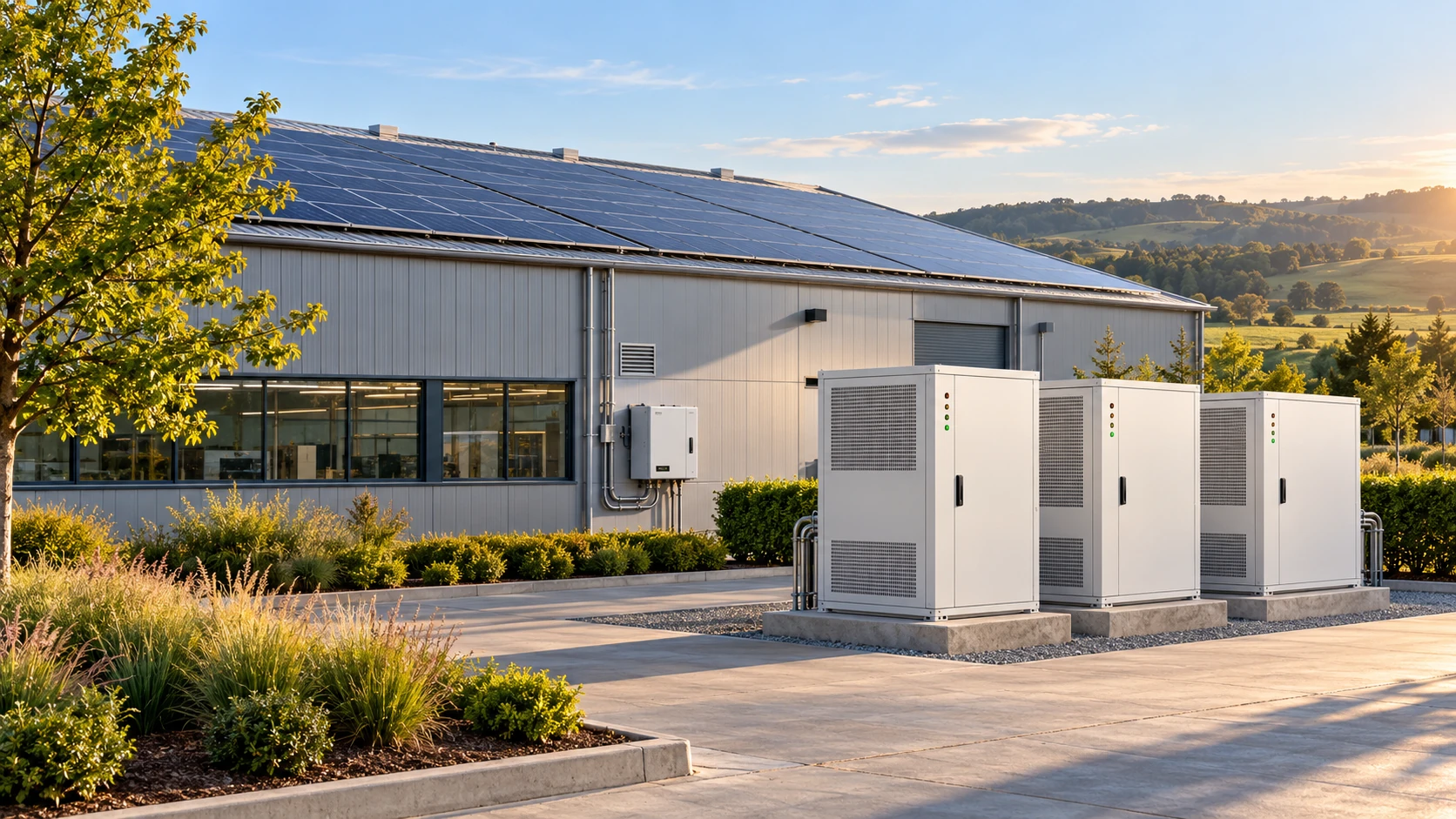 Illustrative commercial solar and storage setting with a photovoltaic factory roof, wall-mounted inverter and outdoor storage cabinets.