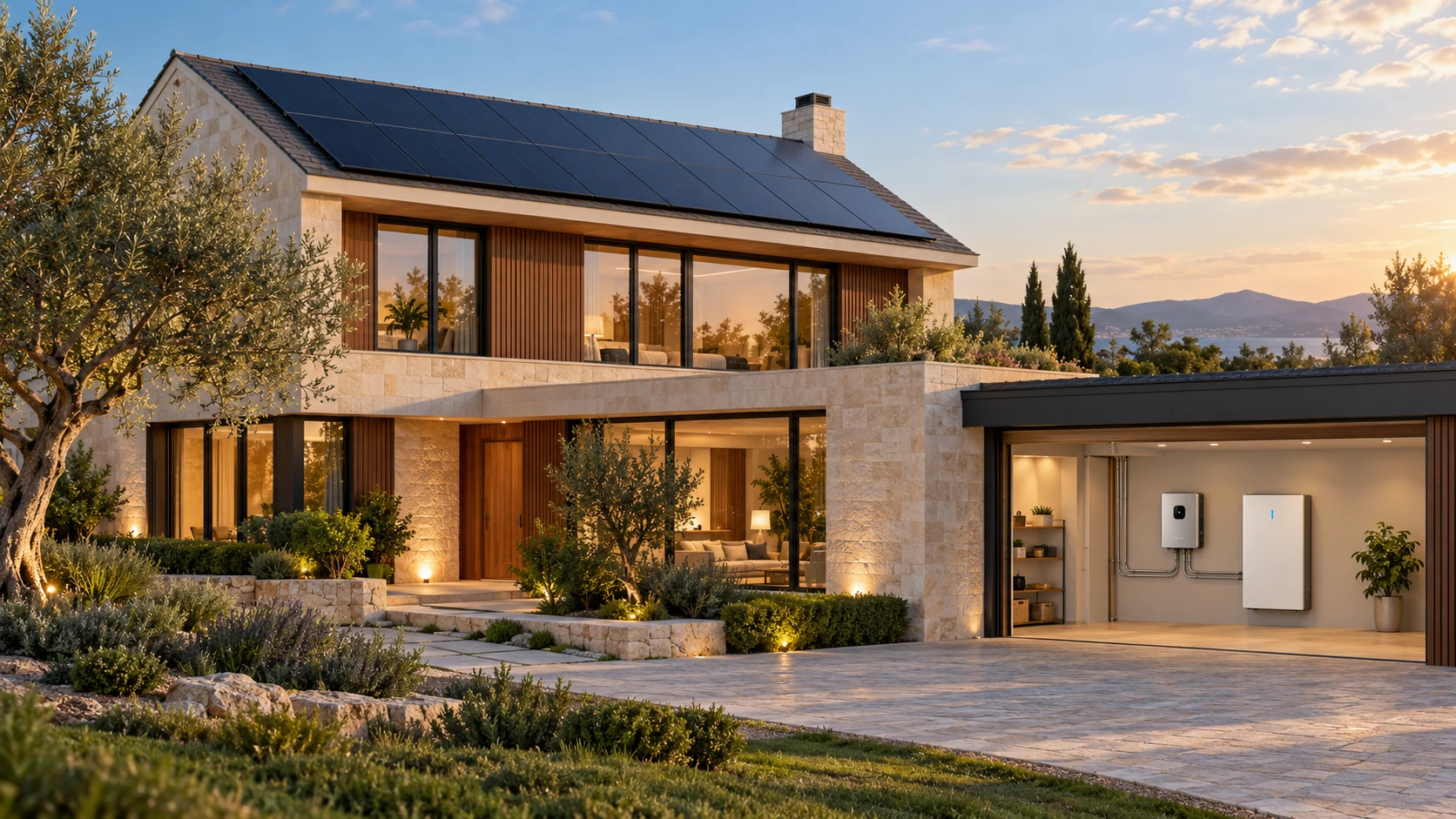 Illustrative residential solar and storage setting with roof-mounted PV and sheltered inverter and battery equipment.