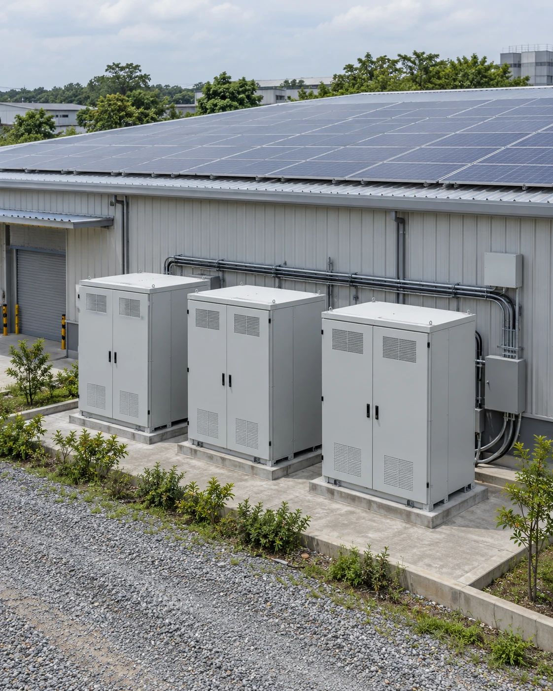 Illustration of commercial battery storage cabinets in an industrial setting